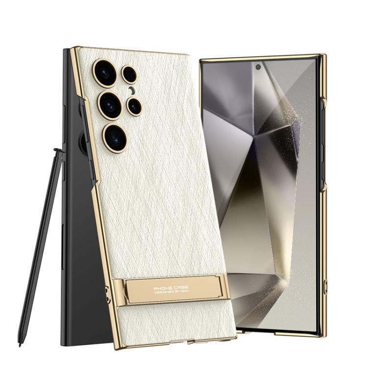 For Samsung Galaxy S24 Ultra 5G GKK Triumph Ultra-Thin Plain Leather Silver Brocade Phone Case with Holder(Silver Brocade White) - Galaxy S24 Ultra 5G Cases by GKK | Online Shopping UK | buy2fix