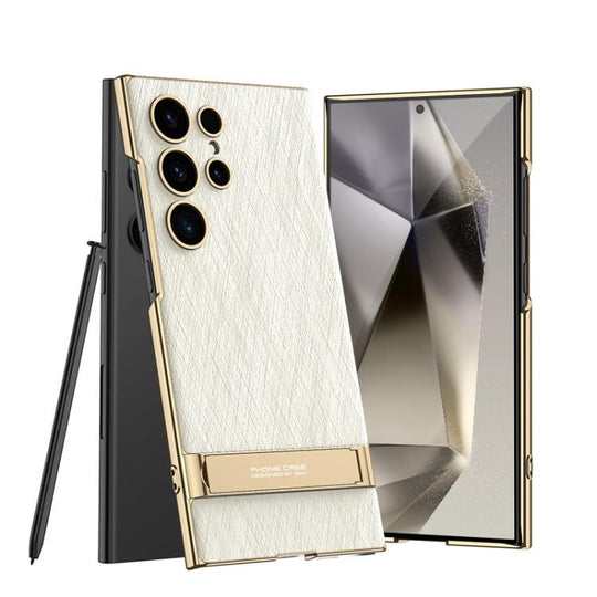 For Samsung Galaxy S24 Ultra 5G GKK Triumph Ultra-Thin Plain Leather Silver Brocade Phone Case with Holder(Silver Brocade White)
