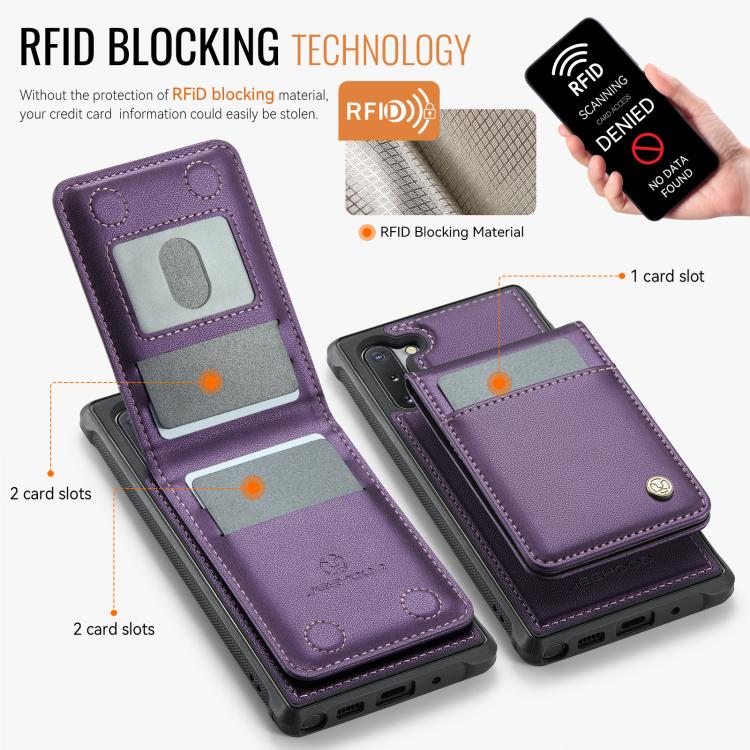 For Samsung Galaxy Note10 JEEHOOD J06 British Style RFID MagSafe Card Bag PU Phone Case(Purple) - Galaxy Phone Cases by JEEHOOD | Online Shopping UK | buy2fix