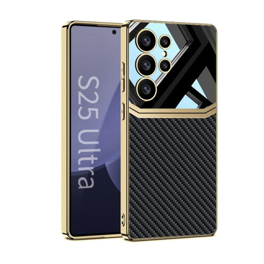 For Samsung Galaxy S25 Ultra 5G GKK Plating TPU + Leather Lens Protection Full Coverage Phone Case(Carbon Fiber)