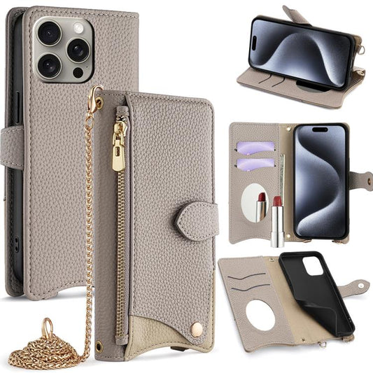 For iPhone 16 Pro Max Crossbody Chain Fishtail Litchi Leather Phone Case(Grey) - iPhone 16 Pro Max Cases by buy2fix | Online Shopping UK | buy2fix