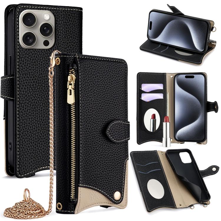 For iPhone 16 Pro Crossbody Chain Fishtail Litchi Leather Phone Case(Black) - iPhone 16 Pro Cases by buy2fix | Online Shopping UK | buy2fix