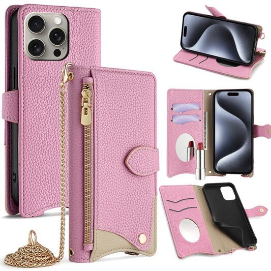 For iPhone 16 Pro Crossbody Chain Fishtail Litchi Leather Phone Case(Pink) - iPhone 16 Pro Cases by buy2fix | Online Shopping UK | buy2fix