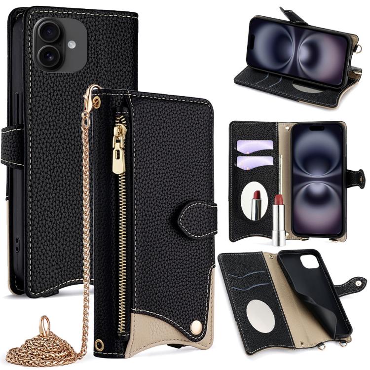 For iPhone 16 Plus Crossbody Chain Fishtail Litchi Leather Phone Case(Black) - iPhone 16 Plus Cases by buy2fix | Online Shopping UK | buy2fix