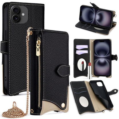 For iPhone 16 Plus Crossbody Chain Fishtail Litchi Leather Phone Case(Black) - iPhone 16 Plus Cases by buy2fix | Online Shopping UK | buy2fix