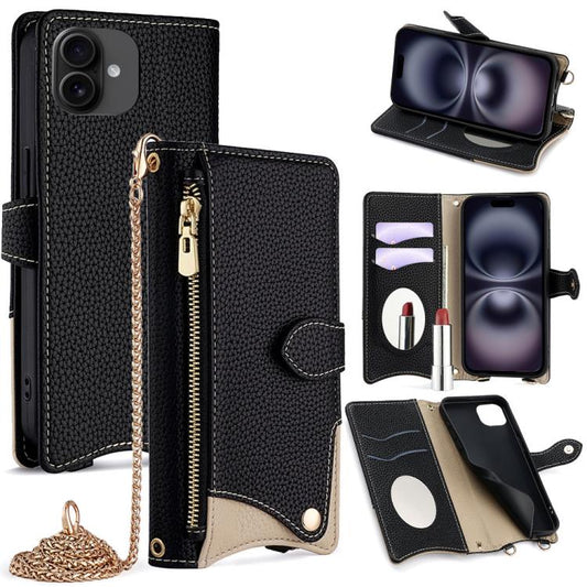 For iPhone 16 Plus Crossbody Chain Fishtail Litchi Leather Phone Case(Black) - iPhone 16 Plus Cases by buy2fix | Online Shopping UK | buy2fix
