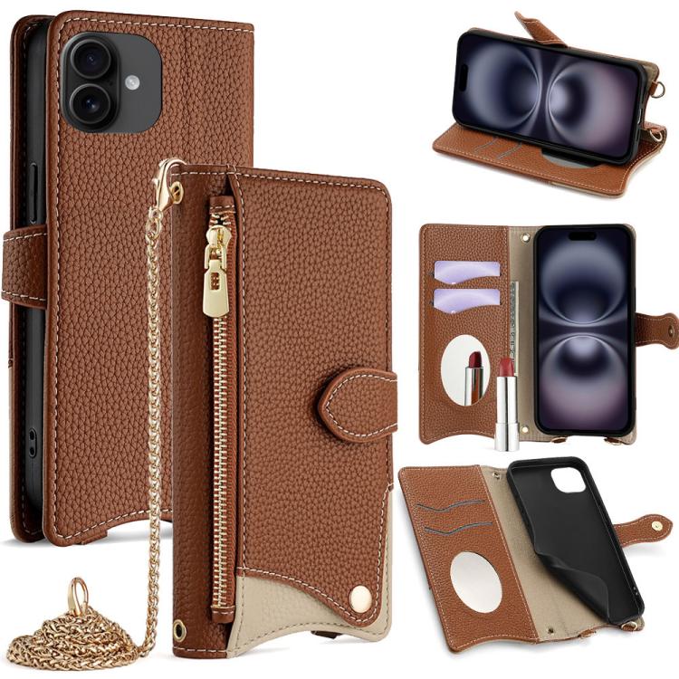 For iPhone 16 Plus Crossbody Chain Fishtail Litchi Leather Phone Case(Brown) - iPhone 16 Plus Cases by buy2fix | Online Shopping UK | buy2fix