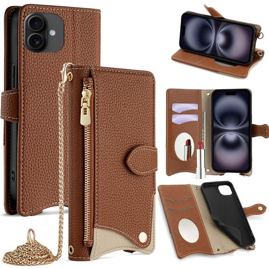 For iPhone 16 Plus Crossbody Chain Fishtail Litchi Leather Phone Case(Brown) - iPhone 16 Plus Cases by buy2fix | Online Shopping UK | buy2fix