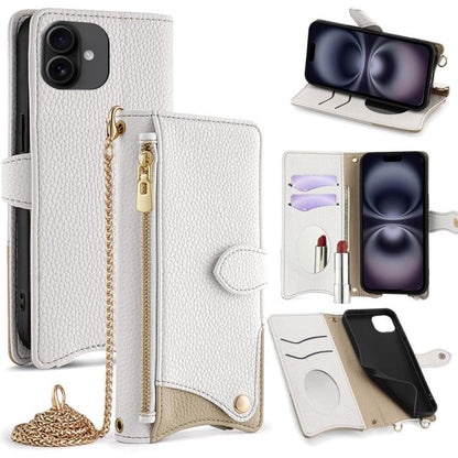 For iPhone 16 Plus Crossbody Chain Fishtail Litchi Leather Phone Case(White) - iPhone 16 Plus Cases by buy2fix | Online Shopping UK | buy2fix