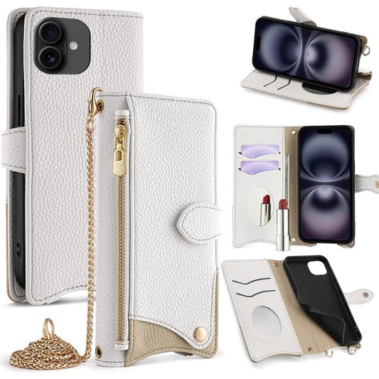For iPhone 16 Plus Crossbody Chain Fishtail Litchi Leather Phone Case(White) - iPhone 16 Plus Cases by buy2fix | Online Shopping UK | buy2fix
