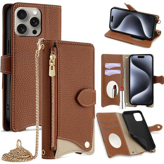 For iPhone 15 Pro Max Crossbody Chain Fishtail Litchi Leather Phone Case(Brown) - iPhone 15 Pro Max Cases by buy2fix | Online Shopping UK | buy2fix