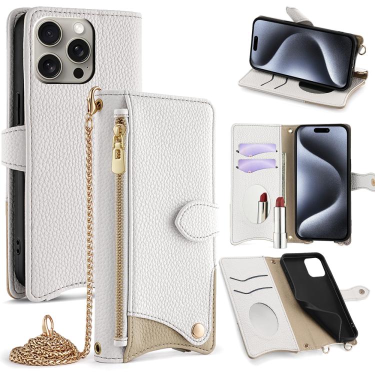 For iPhone 15 Pro Max Crossbody Chain Fishtail Litchi Leather Phone Case(White) - iPhone 15 Pro Max Cases by buy2fix | Online Shopping UK | buy2fix