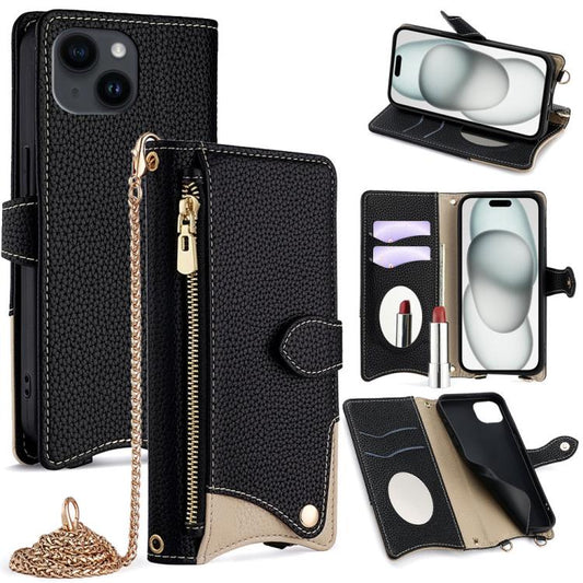 For iPhone 15 Crossbody Chain Fishtail Litchi Leather Phone Case(Black) - iPhone 15 Cases by buy2fix | Online Shopping UK | buy2fix