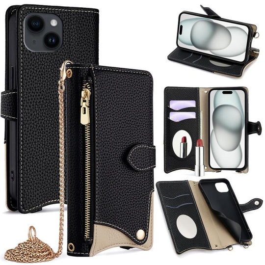 For iPhone 15 Crossbody Chain Fishtail Litchi Leather Phone Case(Black)