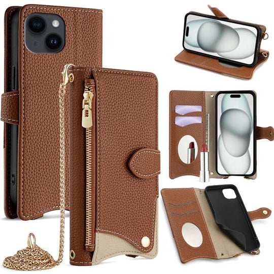 For iPhone 15 Crossbody Chain Fishtail Litchi Leather Phone Case(Brown)