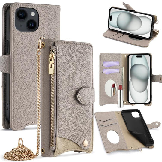 For iPhone 15 Crossbody Chain Fishtail Litchi Leather Phone Case(Grey)
