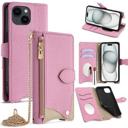 For iPhone 15 Crossbody Chain Fishtail Litchi Leather Phone Case(Pink) - iPhone 15 Cases by buy2fix | Online Shopping UK | buy2fix