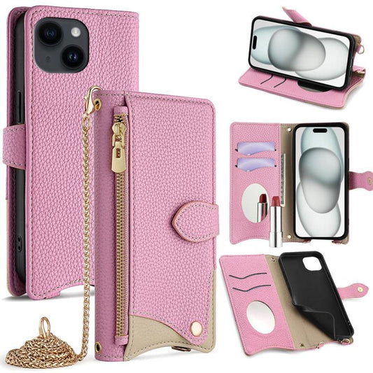 For iPhone 15 Crossbody Chain Fishtail Litchi Leather Phone Case(Pink) - iPhone 15 Cases by buy2fix | Online Shopping UK | buy2fix