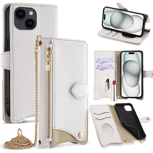 For iPhone 15 Crossbody Chain Fishtail Litchi Leather Phone Case(White) - iPhone 15 Cases by buy2fix | Online Shopping UK | buy2fix