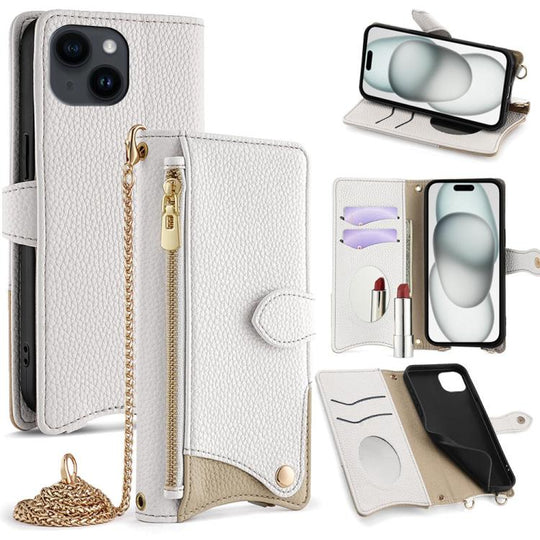 For iPhone 15 Crossbody Chain Fishtail Litchi Leather Phone Case(White)