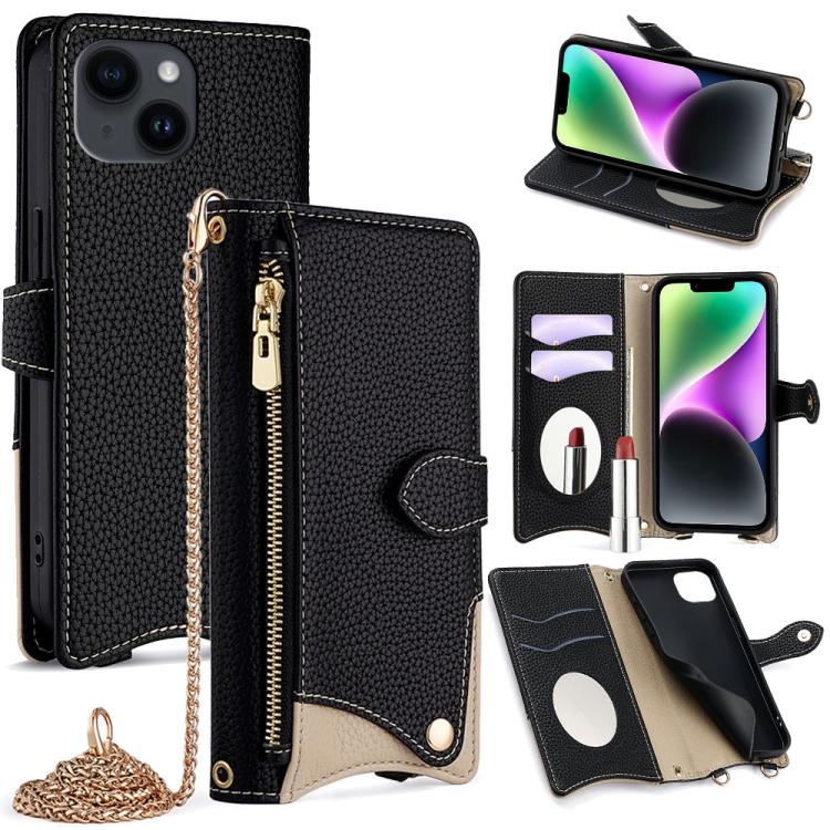 For iPhone 14 Crossbody Chain Fishtail Litchi Leather Phone Case(Black) - iPhone 14 Cases by buy2fix | Online Shopping UK | buy2fix