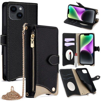 For iPhone 14 Crossbody Chain Fishtail Litchi Leather Phone Case(Black) - iPhone 14 Cases by buy2fix | Online Shopping UK | buy2fix