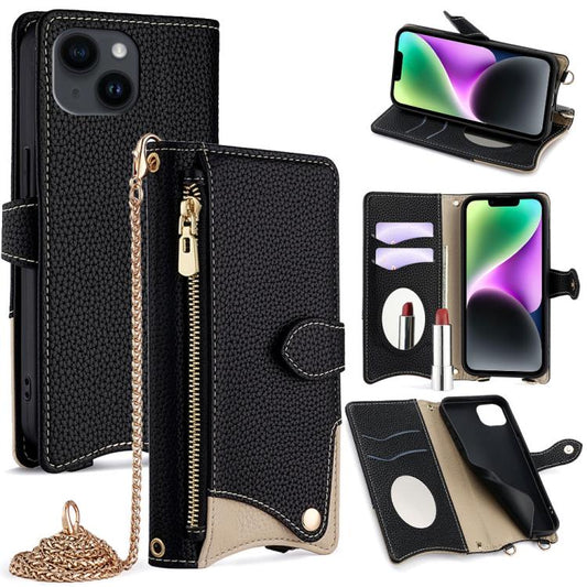 For iPhone 14 Crossbody Chain Fishtail Litchi Leather Phone Case(Black) - iPhone 14 Cases by buy2fix | Online Shopping UK | buy2fix