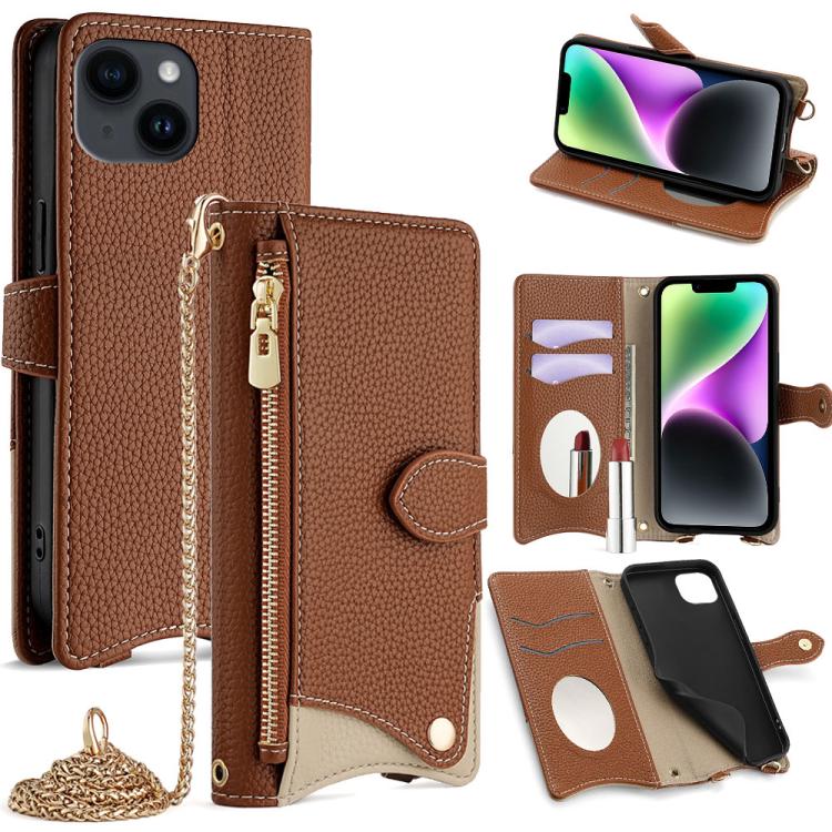 For iPhone 14 Crossbody Chain Fishtail Litchi Leather Phone Case(Brown) - iPhone 14 Cases by buy2fix | Online Shopping UK | buy2fix