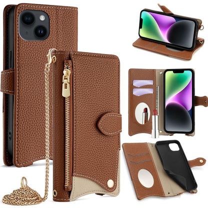 For iPhone 14 Crossbody Chain Fishtail Litchi Leather Phone Case(Brown) - iPhone 14 Cases by buy2fix | Online Shopping UK | buy2fix