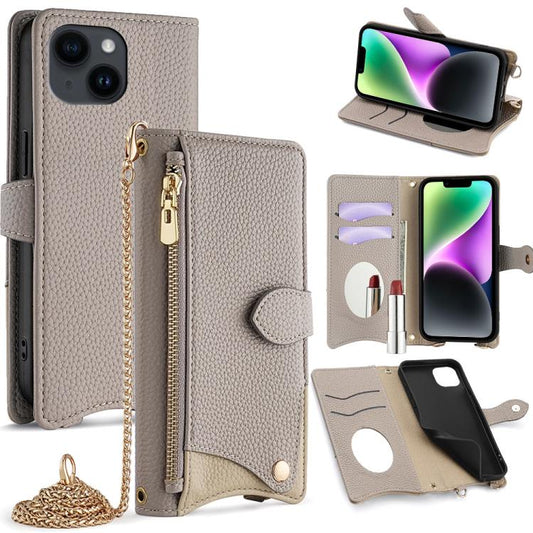 For iPhone 14 Crossbody Chain Fishtail Litchi Leather Phone Case(Grey) - iPhone 14 Cases by buy2fix | Online Shopping UK | buy2fix