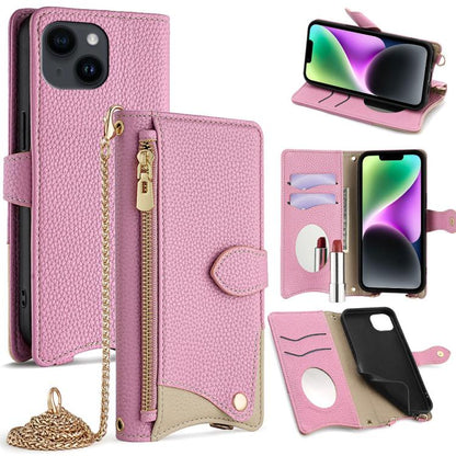 For iPhone 14 Crossbody Chain Fishtail Litchi Leather Phone Case(Pink) - iPhone 14 Cases by buy2fix | Online Shopping UK | buy2fix