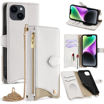 For iPhone 14 Crossbody Chain Fishtail Litchi Leather Phone Case(White) - iPhone 14 Cases by buy2fix | Online Shopping UK | buy2fix