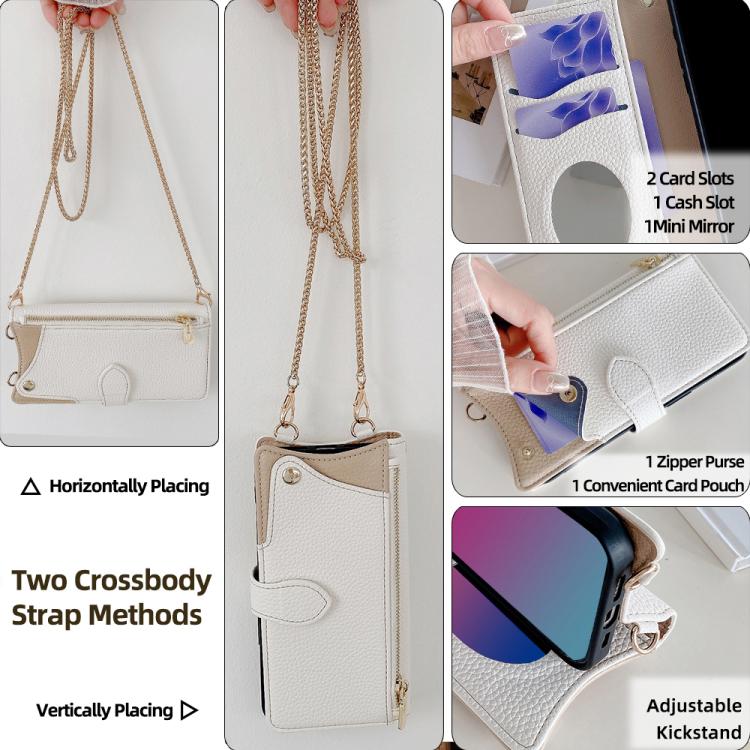 For iPhone 14 Crossbody Chain Fishtail Litchi Leather Phone Case(White) - iPhone 14 Cases by buy2fix | Online Shopping UK | buy2fix