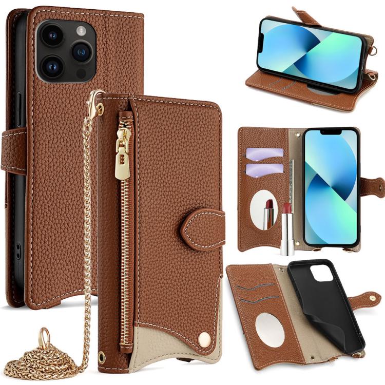 For iPhone 13 Pro Max Crossbody Chain Fishtail Litchi Leather Phone Case(Brown) - iPhone 13 Pro Max Cases by buy2fix | Online Shopping UK | buy2fix
