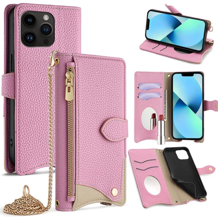 For iPhone 13 Pro Max Crossbody Chain Fishtail Litchi Leather Phone Case(Pink) - iPhone 13 Pro Max Cases by buy2fix | Online Shopping UK | buy2fix