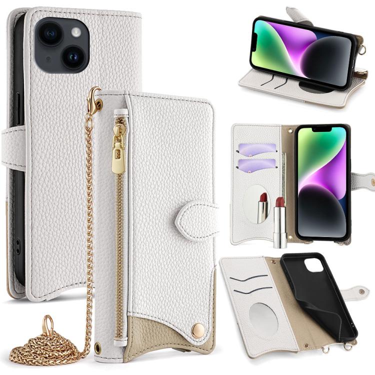 For iPhone 13 Crossbody Chain Fishtail Litchi Leather Phone Case(White) - iPhone 13 Cases by buy2fix | Online Shopping UK | buy2fix