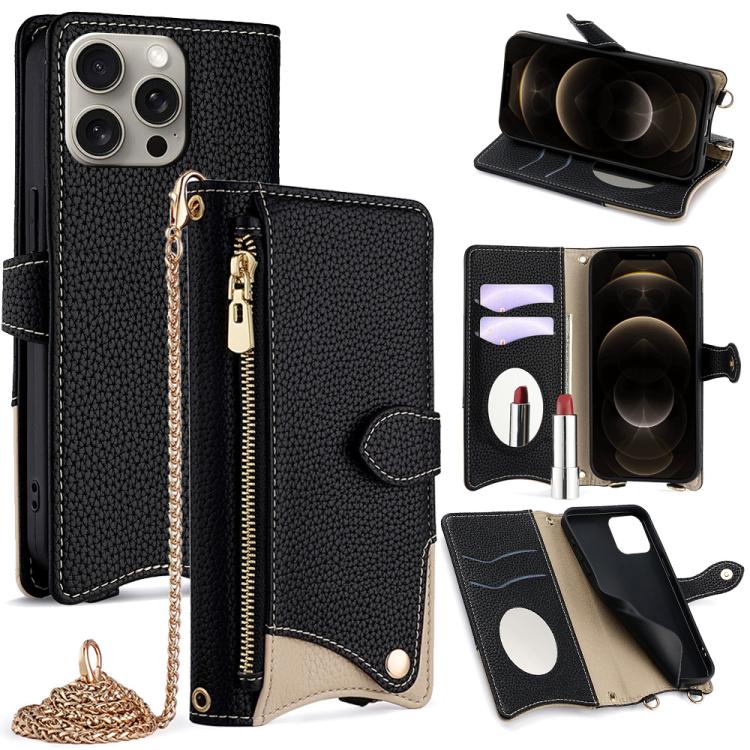 For iPhone 12 / 12 Pro Crossbody Chain Fishtail Litchi Leather Phone Case(Black) - iPhone 12 / 12 Pro Cases by buy2fix | Online Shopping UK | buy2fix