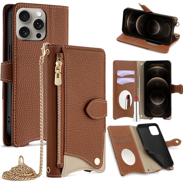 For iPhone 12 / 12 Pro Crossbody Chain Fishtail Litchi Leather Phone Case(Brown) - iPhone 12 / 12 Pro Cases by buy2fix | Online Shopping UK | buy2fix