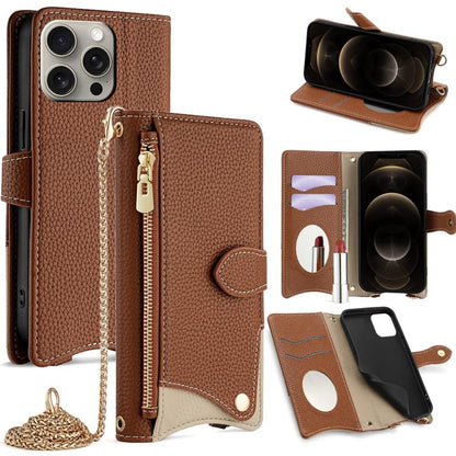 For iPhone 12 / 12 Pro Crossbody Chain Fishtail Litchi Leather Phone Case(Brown) - iPhone 12 / 12 Pro Cases by buy2fix | Online Shopping UK | buy2fix