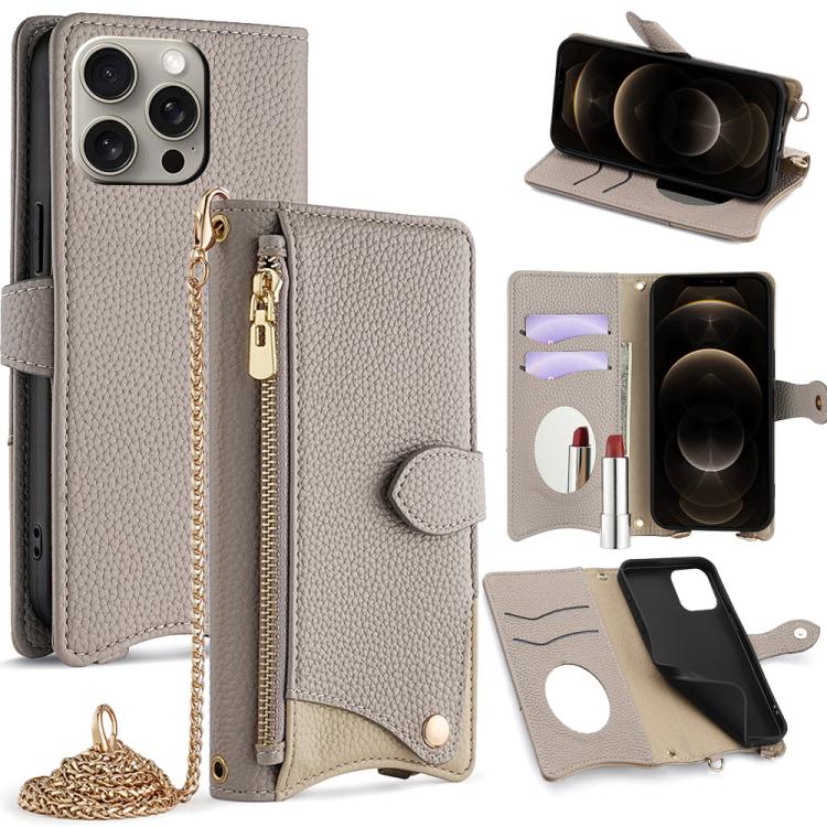 For iPhone 12 / 12 Pro Crossbody Chain Fishtail Litchi Leather Phone Case(Grey) - iPhone 12 / 12 Pro Cases by buy2fix | Online Shopping UK | buy2fix