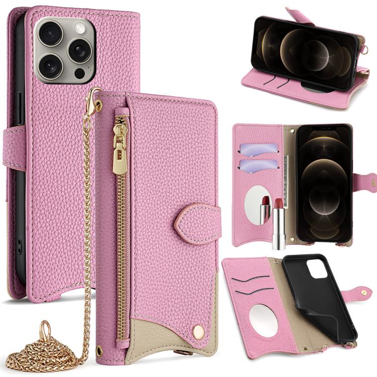 For iPhone 12 / 12 Pro Crossbody Chain Fishtail Litchi Leather Phone Case(Pink) - iPhone 12 / 12 Pro Cases by buy2fix | Online Shopping UK | buy2fix