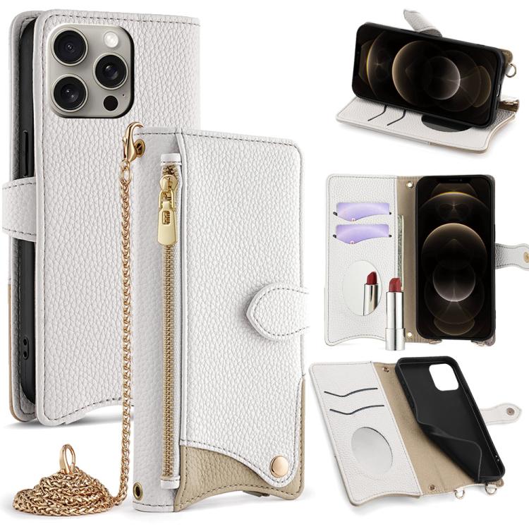 For iPhone 12 / 12 Pro Crossbody Chain Fishtail Litchi Leather Phone Case(White) - iPhone 12 / 12 Pro Cases by buy2fix | Online Shopping UK | buy2fix