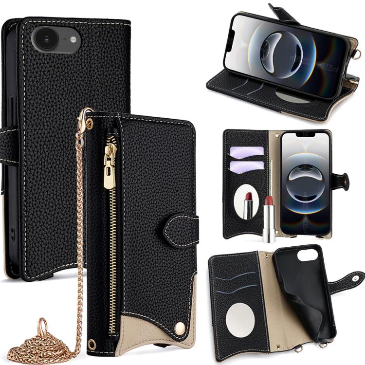 For iPhone 16e Crossbody Chain Fishtail Litchi Leather Phone Case(Black) - iPhone 16e Cases by buy2fix | Online Shopping UK | buy2fix