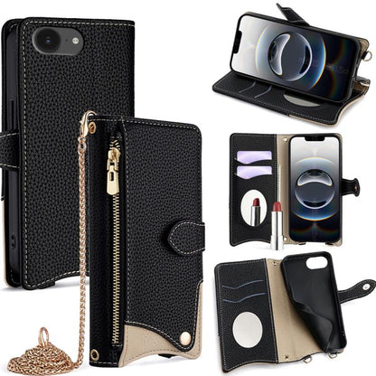 For iPhone 16e Crossbody Chain Fishtail Litchi Leather Phone Case(Black) - iPhone 16e Cases by buy2fix | Online Shopping UK | buy2fix