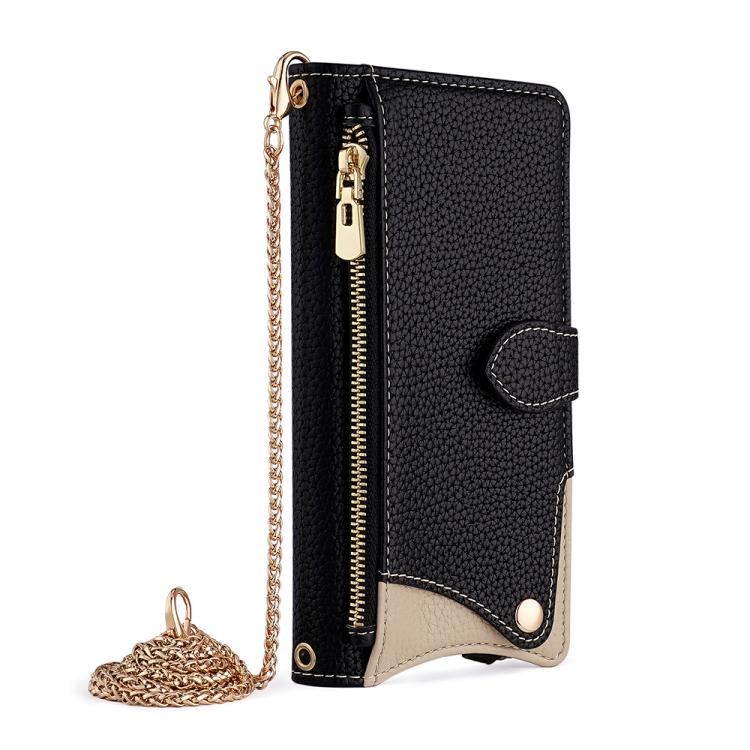 For iPhone 16e Crossbody Chain Fishtail Litchi Leather Phone Case(Black) - iPhone 16e Cases by buy2fix | Online Shopping UK | buy2fix
