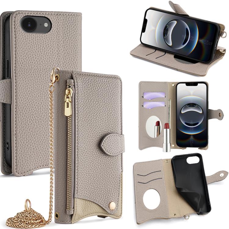 For iPhone 16e Crossbody Chain Fishtail Litchi Leather Phone Case(Grey) - iPhone 16e Cases by buy2fix | Online Shopping UK | buy2fix