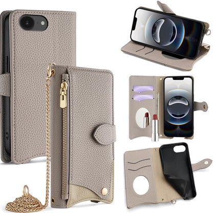 For iPhone 16e Crossbody Chain Fishtail Litchi Leather Phone Case(Grey) - iPhone 16e Cases by buy2fix | Online Shopping UK | buy2fix