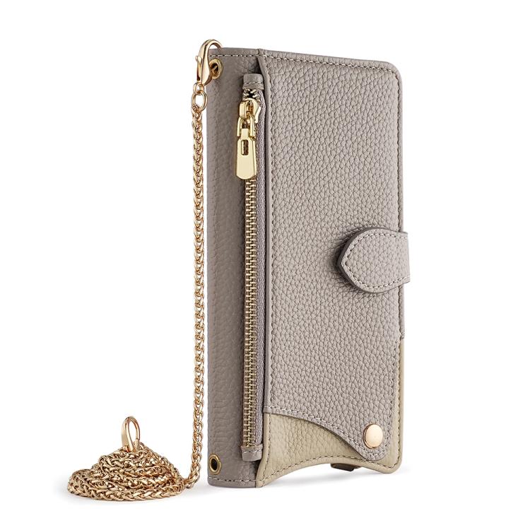For iPhone 16e Crossbody Chain Fishtail Litchi Leather Phone Case(Grey) - iPhone 16e Cases by buy2fix | Online Shopping UK | buy2fix