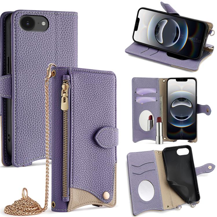 For iPhone 16e Crossbody Chain Fishtail Litchi Leather Phone Case(Purple) - iPhone 16e Cases by buy2fix | Online Shopping UK | buy2fix