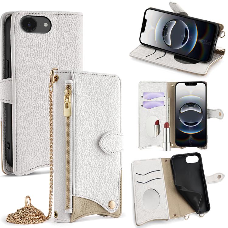 For iPhone 16e Crossbody Chain Fishtail Litchi Leather Phone Case(White) - iPhone 16e Cases by buy2fix | Online Shopping UK | buy2fix